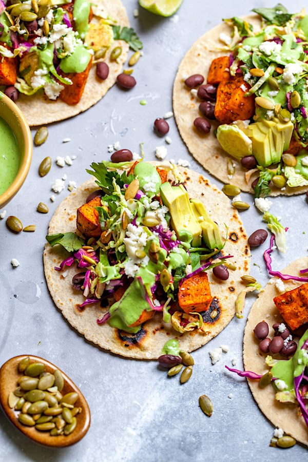 Sweet potato tacos with Brussels sprout slaw