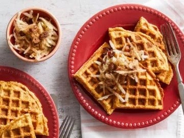 Sweet potato waffles with apple-date slaw