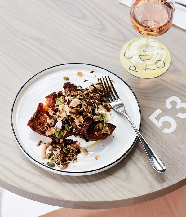 Sweet potato with goat's curd, seeds and grains