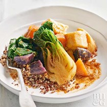Sweet potatoes and bok choy with miso dressing