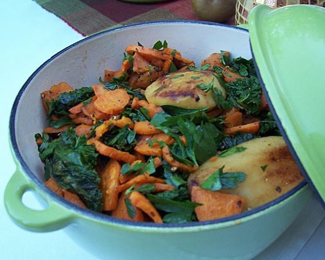 Sweet potatoes, apples, and braising greens