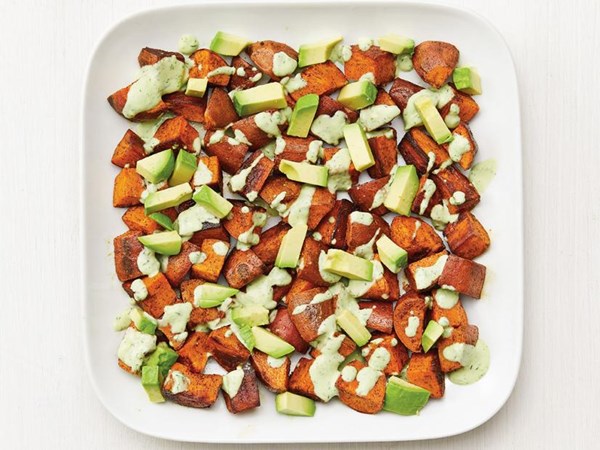 Sweet potatoes with avocado ranch dressing
