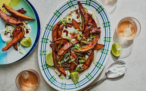 Sweet potatoes with chilli honey, lime, spring onions and yogurt