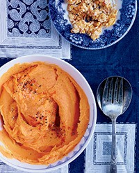 Sweet potatoes with crispy rice topping