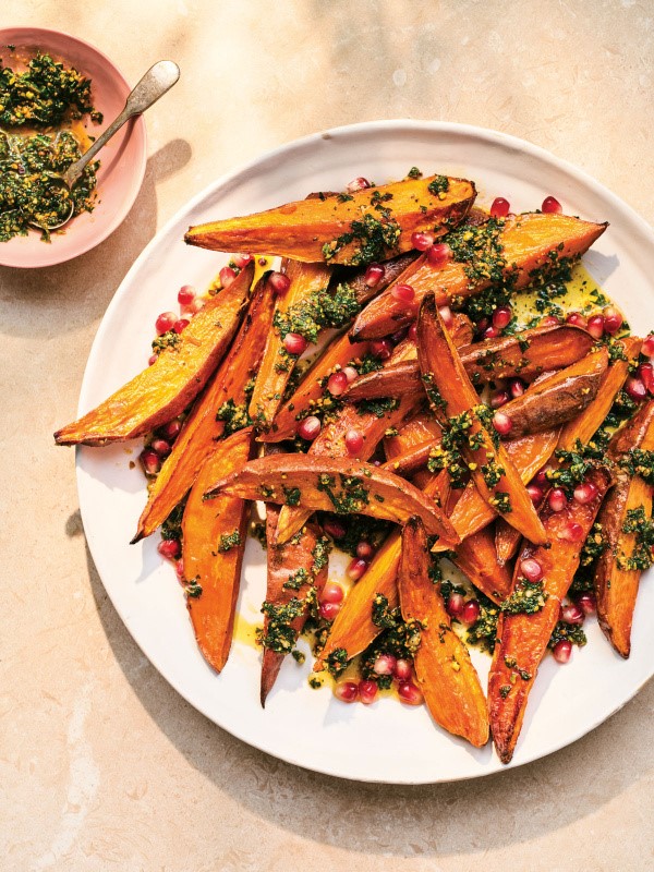 Sweet potatoes with pistachio and mint pesto