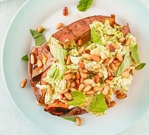 Sweet potatoes with pulled pesto chicken