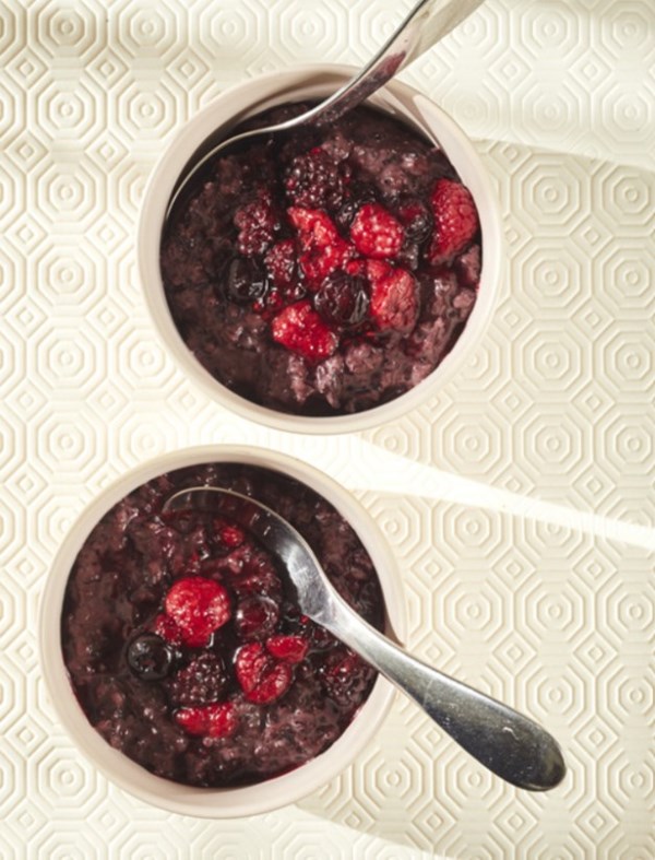 Sweet purple rice grits with berry compote