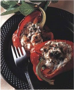 Sweet red peppers stuffed with minted aubergine purée