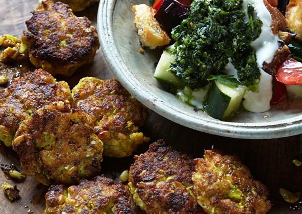 Sweet spiced fishcakes with bread salad