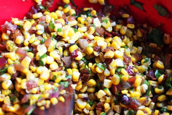 Sweet summer corn with bacon and balsamic onions