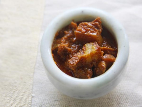 Sweet, tangy, and savory stewed pork (Mangalore pork indad)