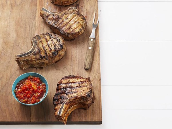 Sweet tea-brined pork chops with pepper relish