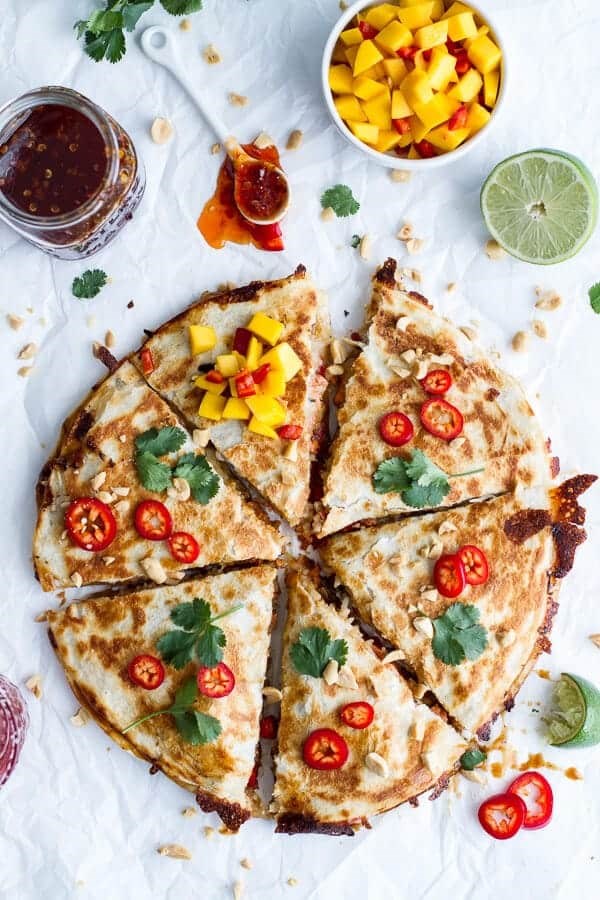 Sweet Thai chili salmon quesadillas with spicy mango