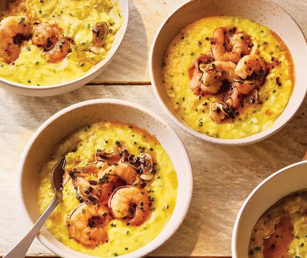 Sweetcorn & halloumi polenta with prawns