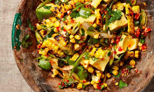 Sweetcorn and avocado with sweet chilli and lime sauce