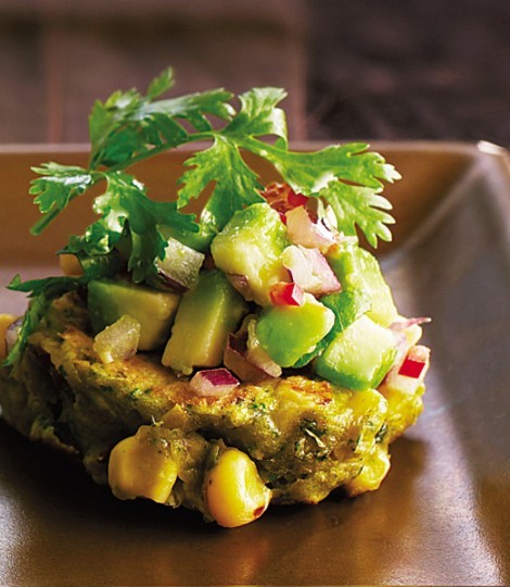 Sweetcorn and red chilli cakes with avocado salsa