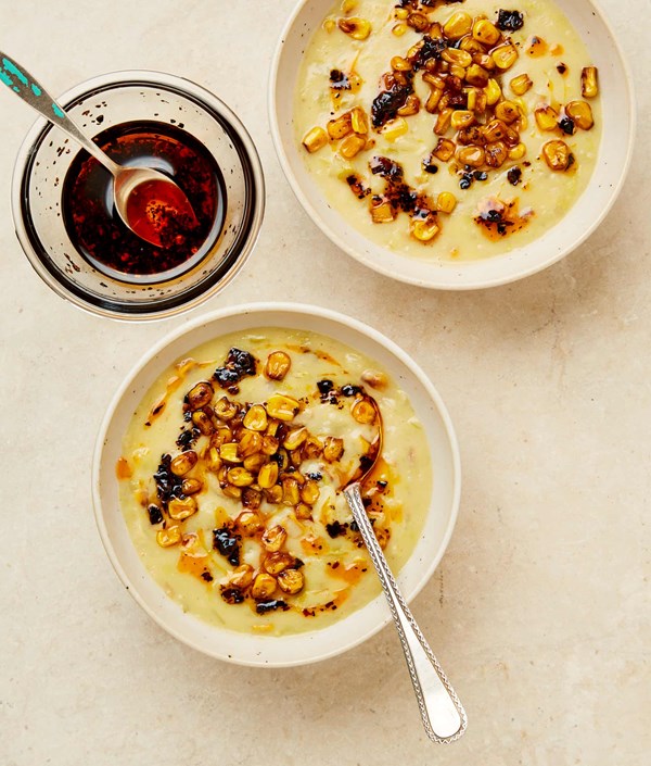 Sweetcorn chowder with chipotle oil