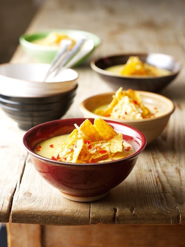 Sweetcorn chowder with toasted tortillas