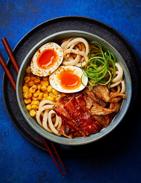 Sweetcorn, egg and bacon brunch udon