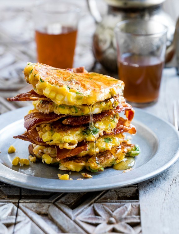 Sweetcorn, feta and spring onion pancakes