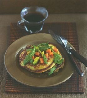 Sweetcorn, five-spice and date fritters with tomato and avocado