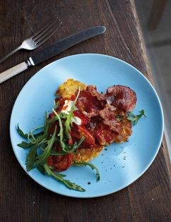 Sweetcorn fritters with chilli jam & slow-roasted tomatoes