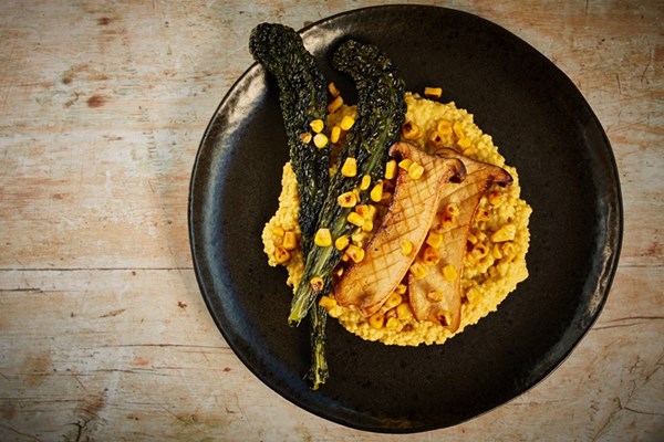  Sweetcorn millet, king oyster mushrooms and crispy cavolo nero