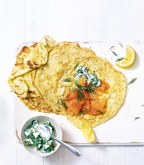 Sweetcorn pancakes with smoked salmon and lemon & spinach ricotta