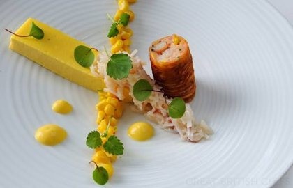 Sweetcorn panna cotta with crab cannelloni