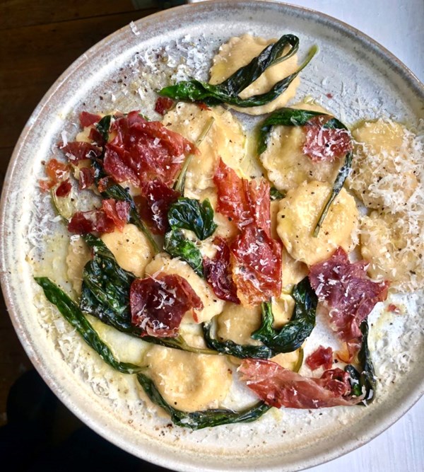 Sweetcorn ravioli with crispy Parma ham, butter and basil recipe