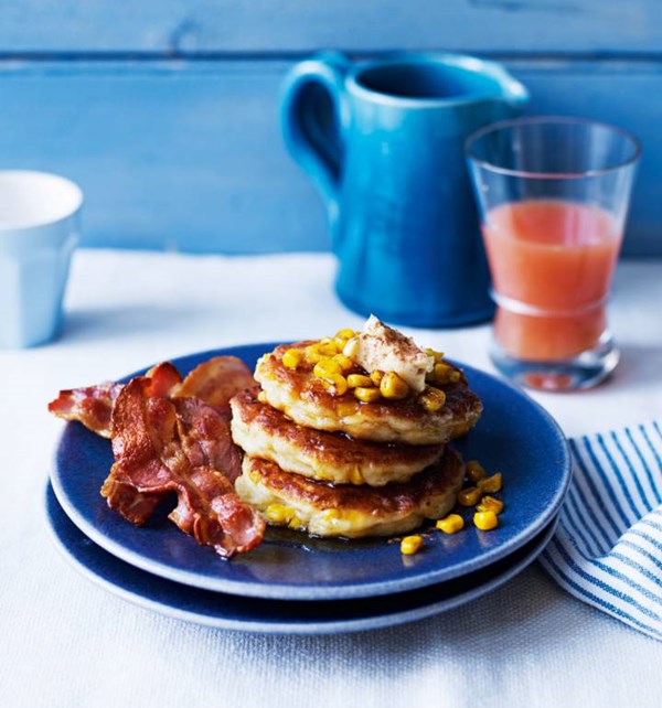 Sweetcorn ricotta pancakes with crispy bacon and whipped maple butter
