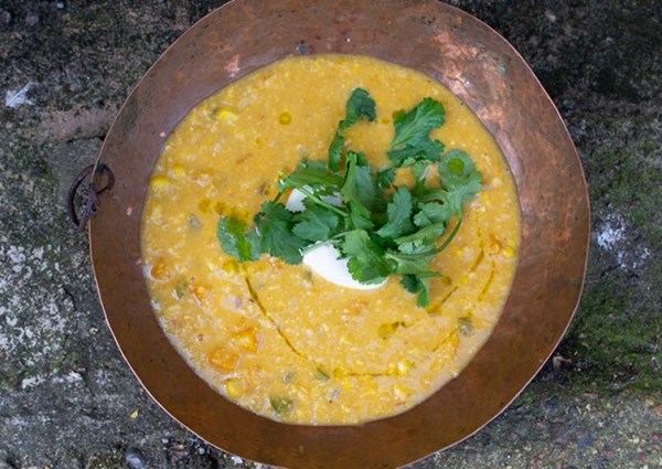 Sweetcorn soup with chipotle and lime
