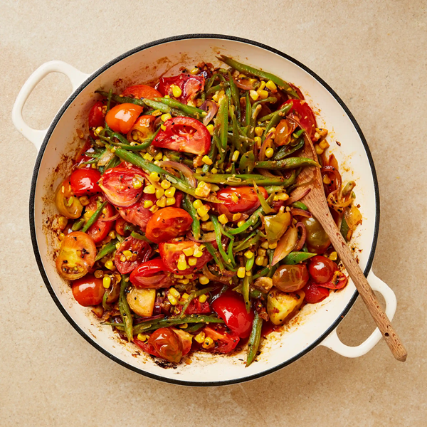 Sweetcorn, tomato and runner bean curry