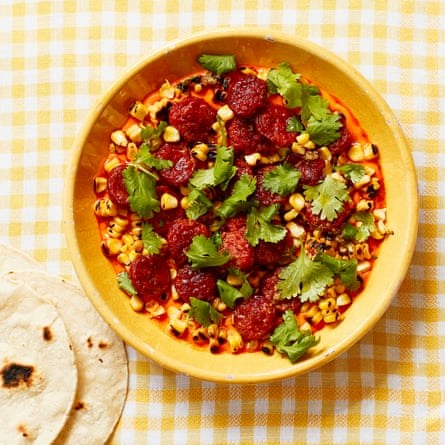 Sweetcorn with black pea mole and crisp chorizo