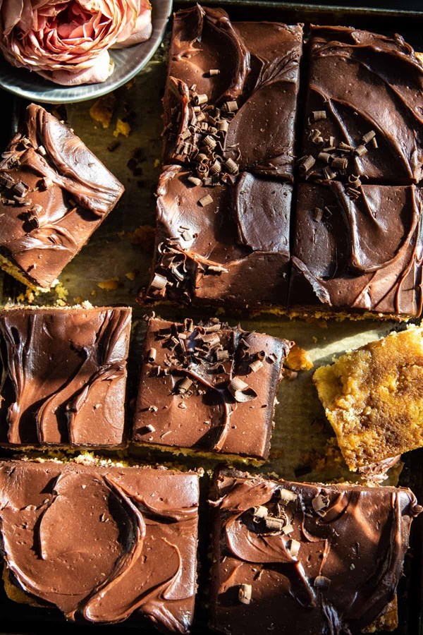 Swirled caramel sheet cake with fudgy chocolate frosting
