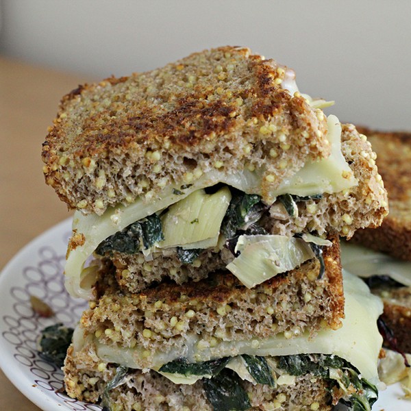 Swiss chard and artichoke grilled cheese on millet bread