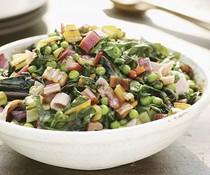 Swiss chard and fresh peas with ham and maple-balsamic sauce