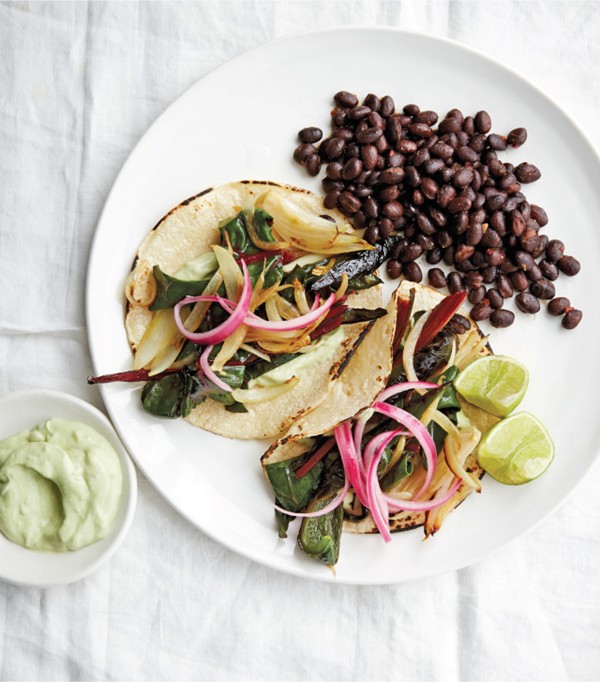 Swiss chard and poblano tacos with avocado crema