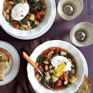 Swiss chard and white bean soup with poached eggs