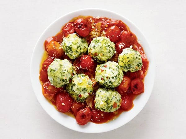 Swiss chard gnudi with tomatoes