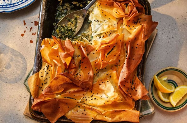 Swiss chard, leek & vintage cheddar spanakopita-style pie