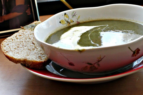 Swiss chard, potato and sorrel soup with creme fraiche