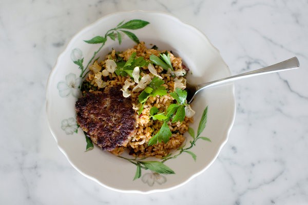 Swiss chard rice bowl with chorizo