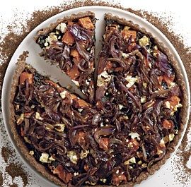 Swiss chard, sweet potato, and feta tart in a teff crust