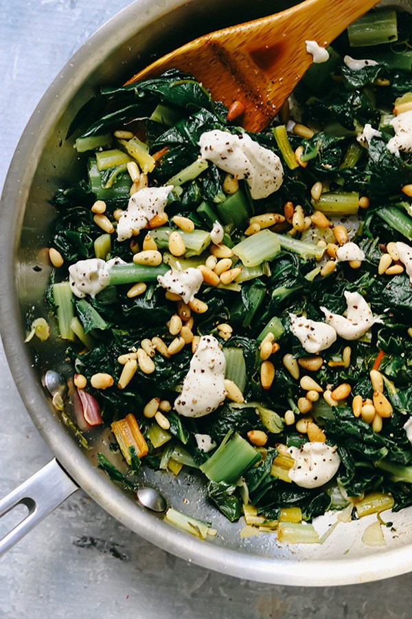 Swiss chard with buttered pine nuts, tahini, and yogurt