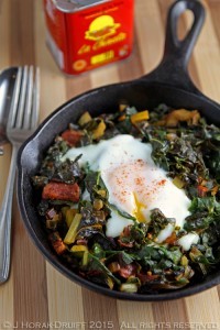 Swiss chard with chorizo and eggs