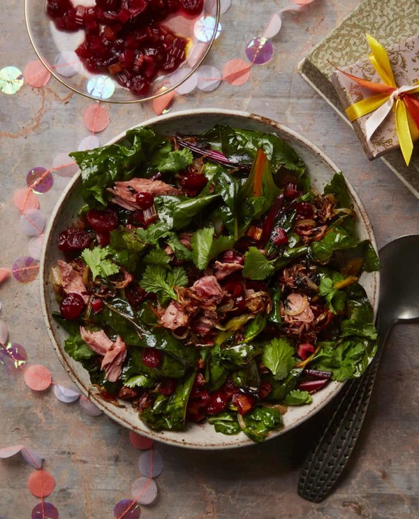 Swiss chard with ham hock and chard stem pickle