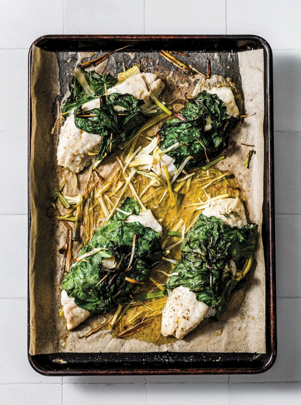 Swiss chard-wrapped black sea bass with pickled chard stems