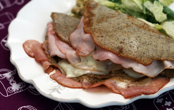 Swiss cheese and Black Forest ham stuffed buckwheat crêpes