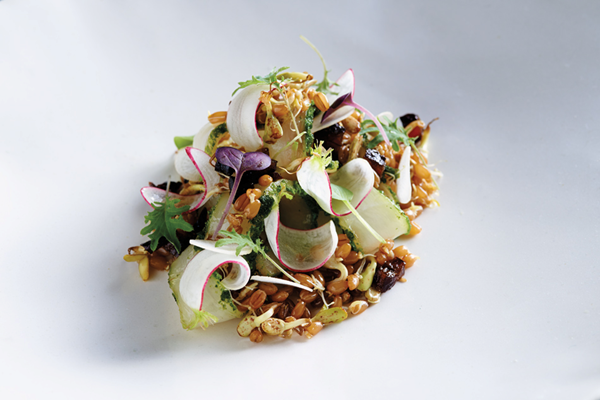 Swordfish belly with rye berry salad & sprouted seeds